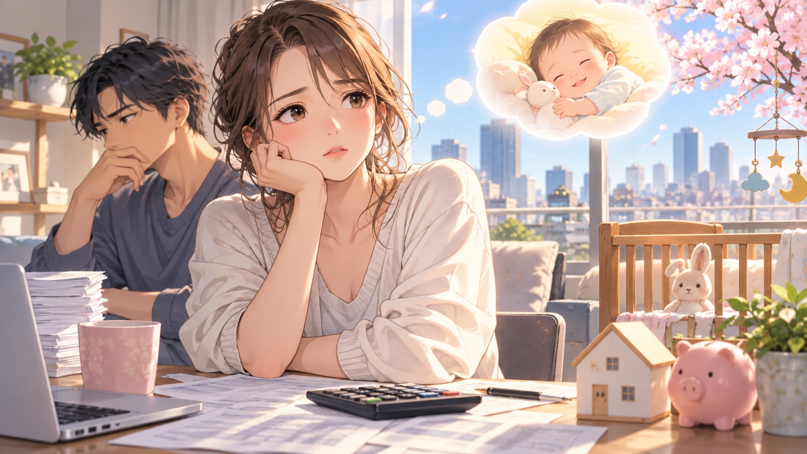 「そりゃあ実質賃金が上がらない状況で、子供を作ろうと思う人はいないでしょう」を題材にした架空の成人人物のアニメ風イラスト