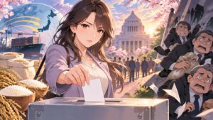 「今回の件で炙り出された輩を次の選挙では忘れずに落選させましょう」を題材にした架空の成人人物のアニメ風イラスト