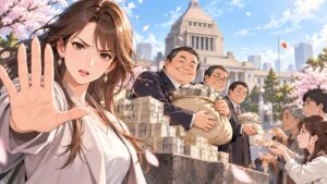 「配るくらいなら最初から取るな」を題材にした架空の成人人物のアニメ風イラスト