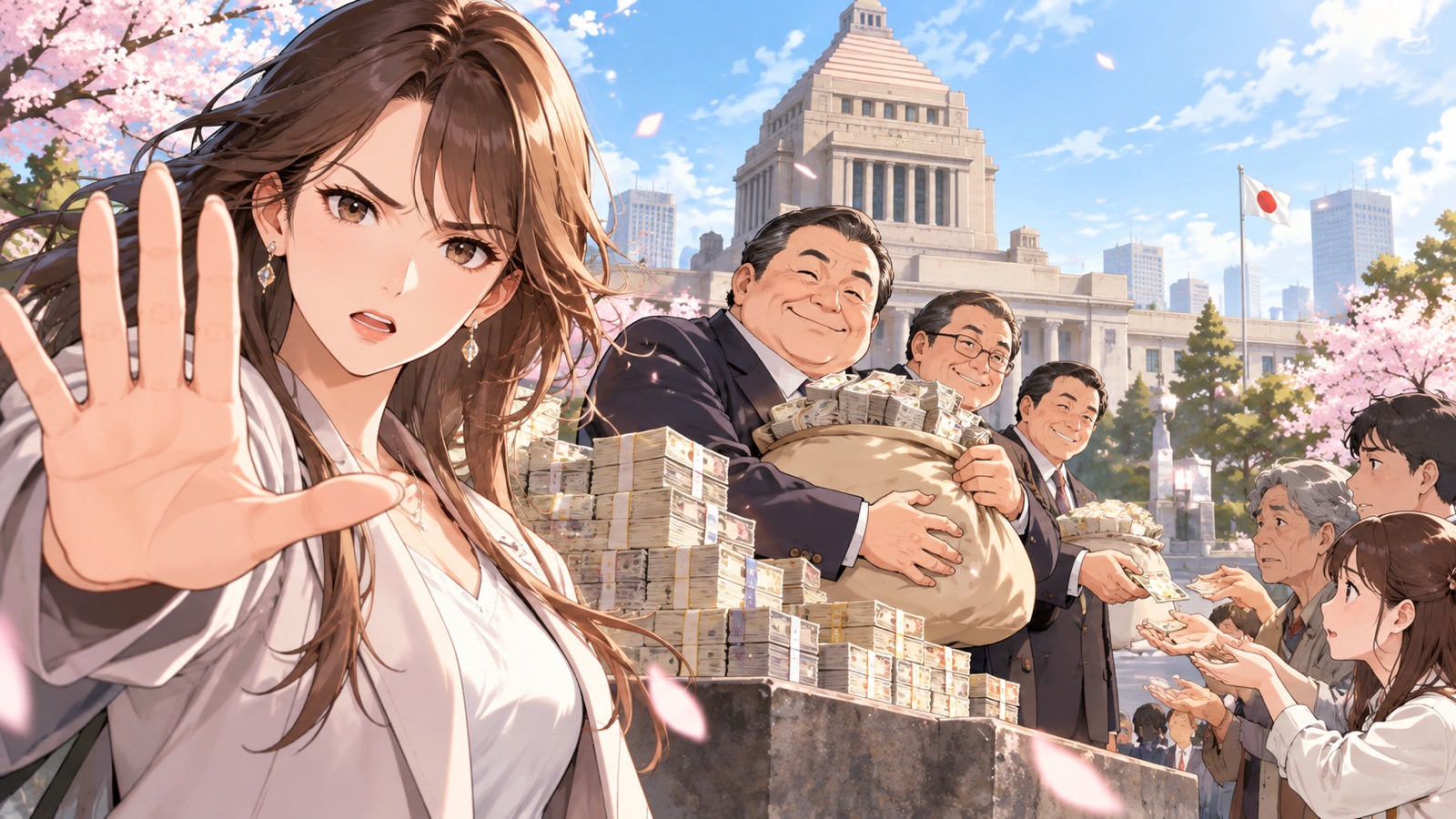 「配るくらいなら最初から取るな」を題材にした架空の成人人物のアニメ風イラスト
