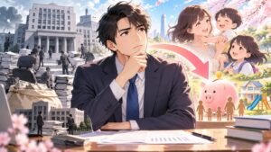 「こども家庭庁を無くせば、その分で財源は賄えるのでは」を題材にした架空の成人人物のアニメ風イラスト