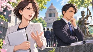 「「山尾氏の資質の問題」だけではなく、「玉木氏の統治者としての判断能力」そのものに対する疑問です」を題材にした架空の成人人物のアニメ風イラスト