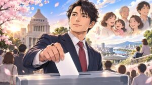 「行動しない“賢いフリ”より、勇気ある一票と声が、未来を変えます」を題材にした架空の成人人物のアニメ風イラスト