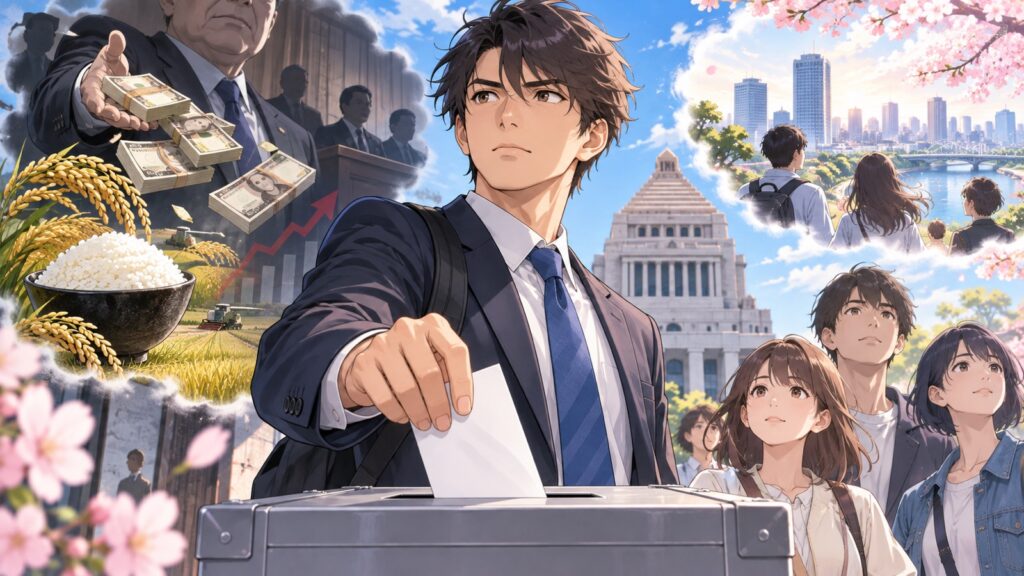 「今回の選挙で与党に議席を増やされるようではもう現役世代や若者に未来は無いですよ、みんな選挙行こうね」を題材にした架空の成人人物のアニメ風イラスト