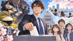 「今回の選挙で与党に議席を増やされるようではもう現役世代や若者に未来は無いですよ、みんな選挙行こうね」を題材にした架空の成人人物のアニメ風イラスト