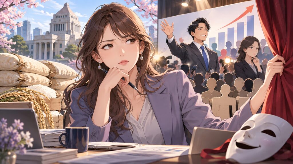 「今回の“備蓄米パフォーマンス”は、成果ではなく演出では」を題材にした架空の成人人物のアニメ風イラスト