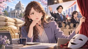 「今回の“備蓄米パフォーマンス”は、成果ではなく演出では」を題材にした架空の成人人物のアニメ風イラスト