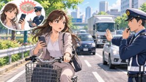 「幹線道路で自転車は道路を走るのって危なすぎませんか」を題材にした架空の成人人物のアニメ風イラスト