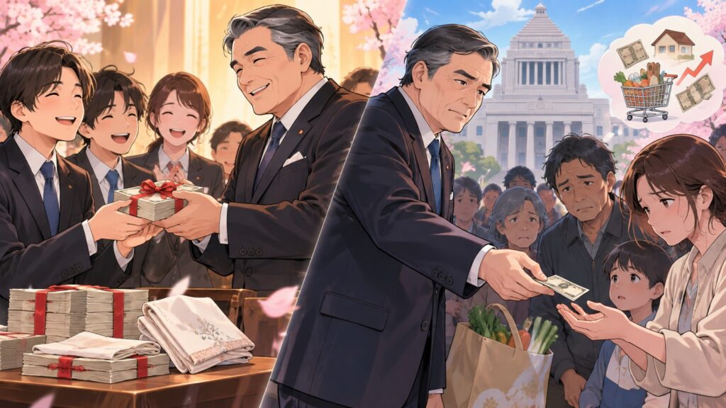 「新人議員へはハンカチ代で10万円配っても多いとは思っていなかったのに、国民に対しては生活支援の2万円給付で決…」を題材にした架空の成人人物のアニメ風イラスト