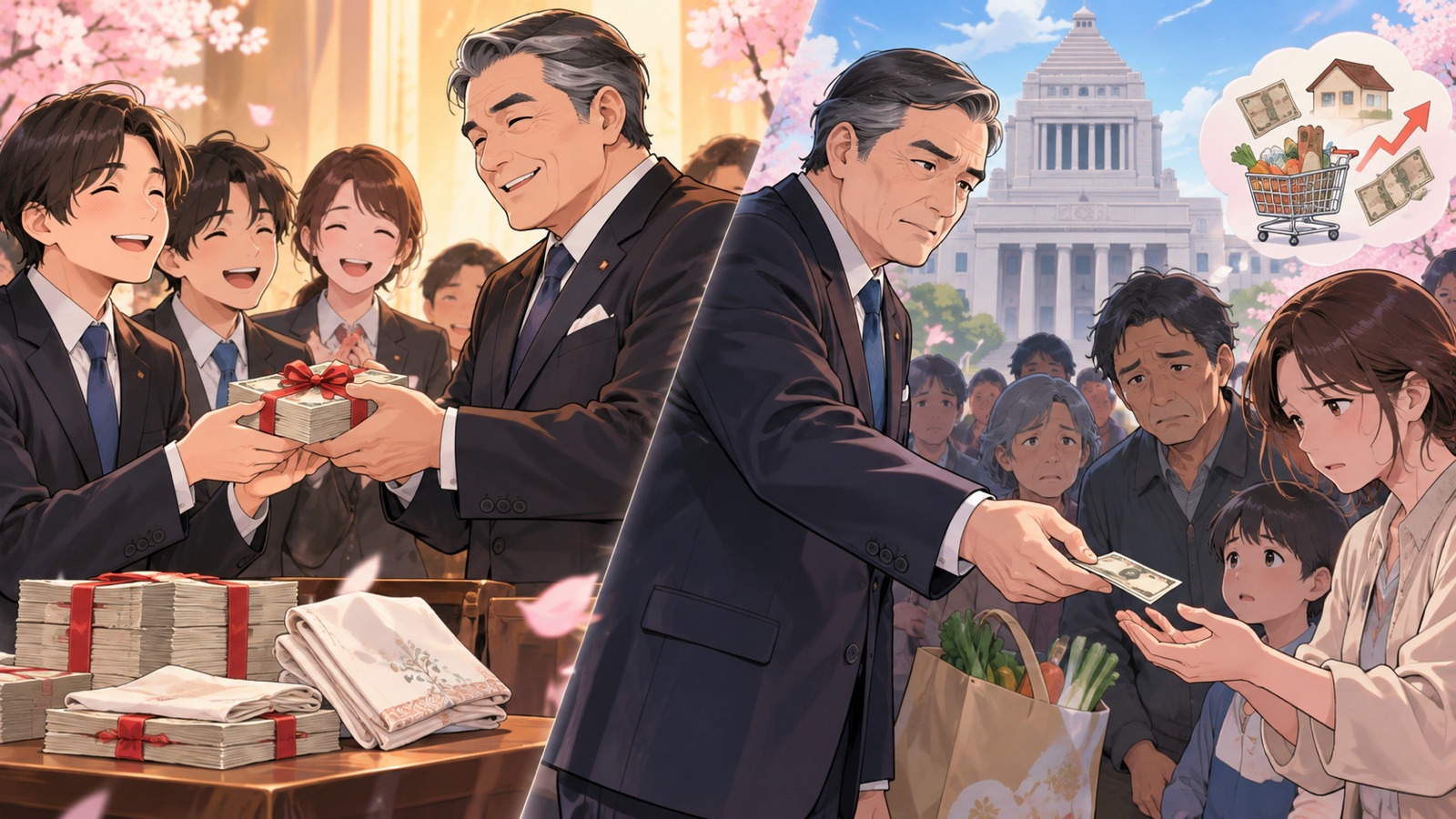 「新人議員へはハンカチ代で10万円配っても多いとは思っていなかったのに、国民に対しては生活支援の2万円給付で決…」を題材にした架空の成人人物のアニメ風イラスト