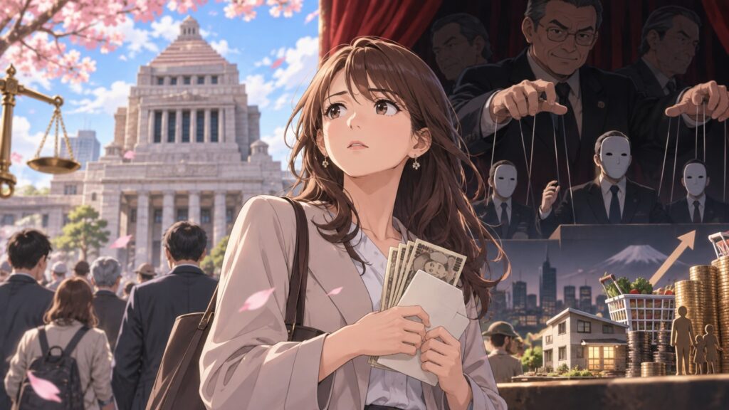 「日本はもう「正常な民主国家のフリをしている半独裁国家」に近づいています」を題材にした架空の成人人物のアニメ風イラスト