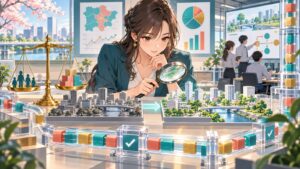 「必要なのは、政策効果を必ず数字で検証する仕組み」を題材にした架空の成人人物のアニメ風イラスト