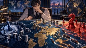 「世界の秩序はむしろ悪化し、アメリカは孤立、中国が漁夫の利を得る構図」を題材にした架空の成人人物のアニメ風イラスト