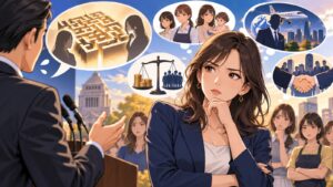 「「理解するのが難しかった」のではなく、女性は「玉木氏の考えを理解した上で、支持しなかった」という見方もできま…」を題材にした架空の成人人物のアニメ風イラスト