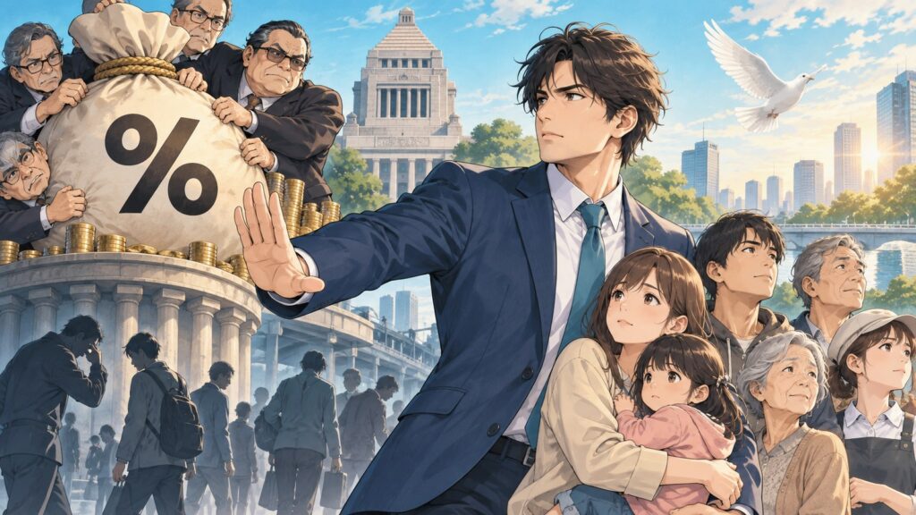 「守るのは国民であって消費税ではないですよ」を題材にした架空の成人人物のアニメ風イラスト