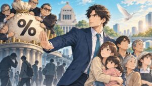 「守るのは国民であって消費税ではないですよ」を題材にした架空の成人人物のアニメ風イラスト