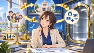 「財源を気にするなら、給付金の財源は何処から来るのですか？」を題材にした架空の成人人物のアニメ風イラスト