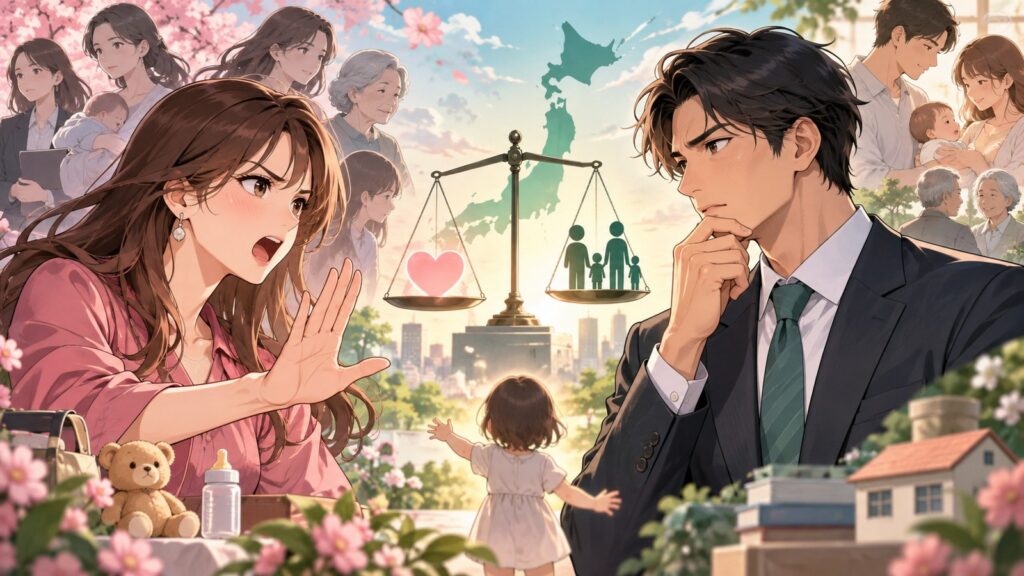 「綺麗事だけでは人口は増えない」を題材にした架空の成人人物のアニメ風イラスト