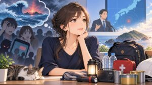 「デマに乗らないのは大事ですが、何もしなくても大丈夫と思わない程度には危機意識を持ったほうが良いように思います…」を題材にした架空の成人人物のアニメ風イラスト