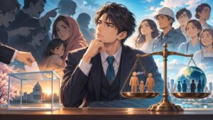 「「排外的」とか「差別的」とする声こそが、民主的議論の封殺であり、危険ですよ」を題材にした架空の成人人物のアニメ風イラスト