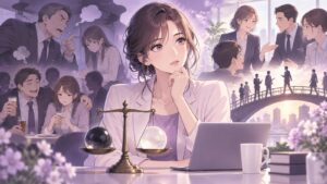 「白黒つけられない部分をどう扱うかが、成熟した職場文化をつくるカギであって、単なる禁止や規制では解決しませんか…」を題材にした架空の成人人物のアニメ風イラスト