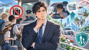 「外免切替は「例外措置」であるべきであり、制度を悪用・濫用する構造を見直す必要があります」を題材にした架空の成人人物のアニメ風イラスト