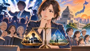 「一時的な人気やイメージではなく、日本の今と未来を真剣に見据える政治家こそ、私たちが選ぶべきリーダーですからね」を題材にした架空の成人人物のアニメ風イラスト