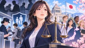 「排外主義を掲げる人は別としても、基本的には多くの人が求めていることは「法の遵守」だと思います」を題材にした架空の成人人物のアニメ風イラスト