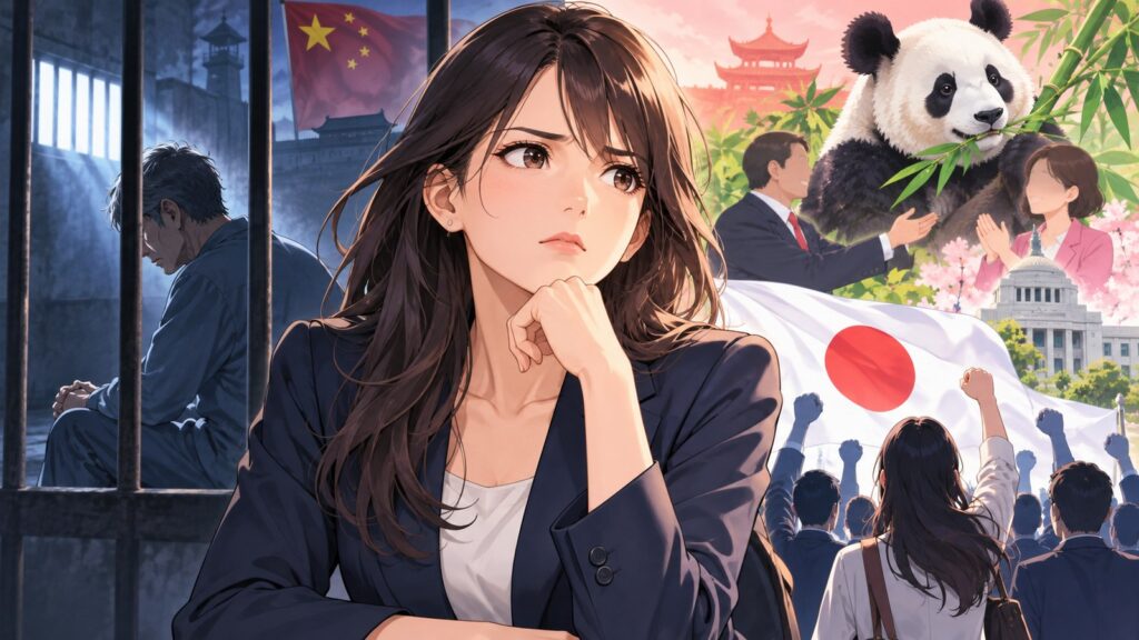 「国民一人ひとりが「パンダより邦人」「経済より人権」と声を上げ続けることでしか、政権の姿勢は変わらないのかもし…」を題材にした架空の成人人物のアニメ風イラスト