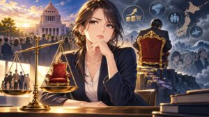 「もはや求められているのは説明ではなく、けじめですよ」を題材にした架空の成人人物のアニメ風イラスト