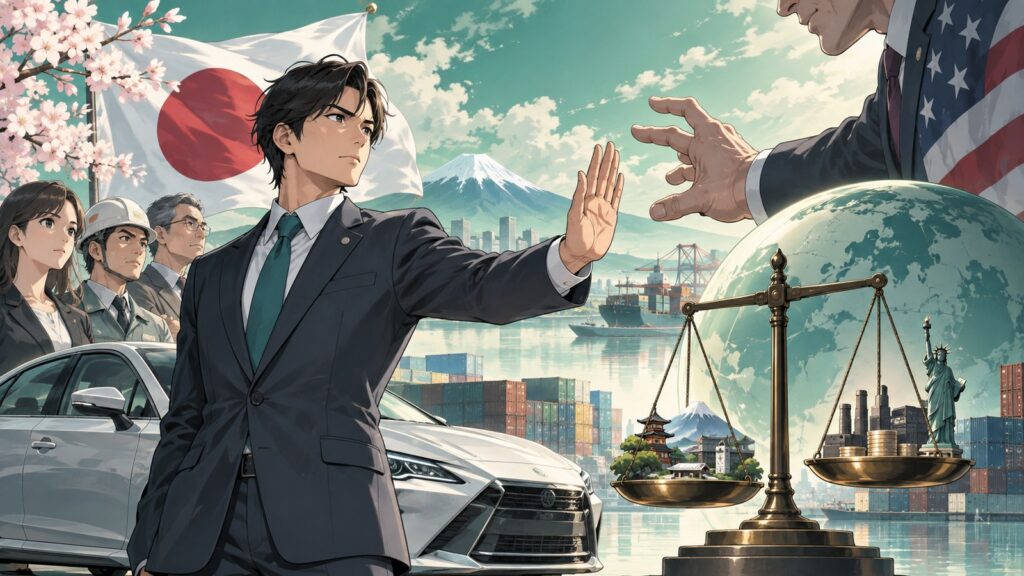 「「同盟国」に対してもノーと言える覚悟が、今の日本に必要とされています」を題材にした架空の成人人物のアニメ風イラスト