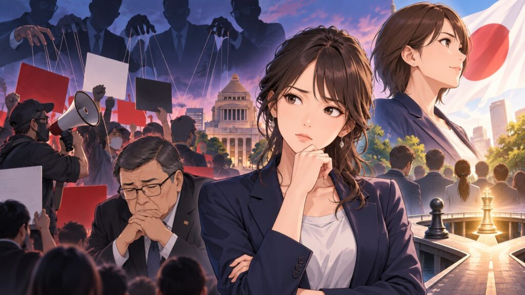 「高市さんが総理総裁になると困る人たちが多いのではないですかね」を題材にした架空の成人人物のアニメ風イラスト