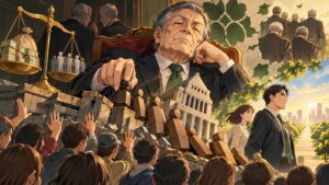 「まさに森山幹事長は“希有な逆神であり、自民党の悪いところの権化”」を題材にした架空の成人人物のアニメ風イラスト