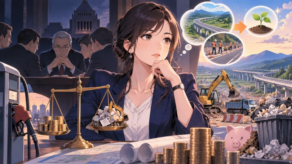 「「財源がない」という言葉に隠れているのは、財務省と税調の“既得権の守り”であり、それを「プロ中のプロ」として…」を題材にした架空の成人人物のアニメ風イラスト