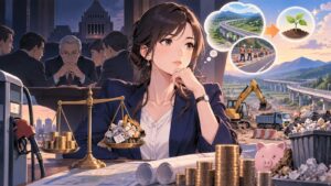 「「財源がない」という言葉に隠れているのは、財務省と税調の“既得権の守り”であり、それを「プロ中のプロ」として…」を題材にした架空の成人人物のアニメ風イラスト