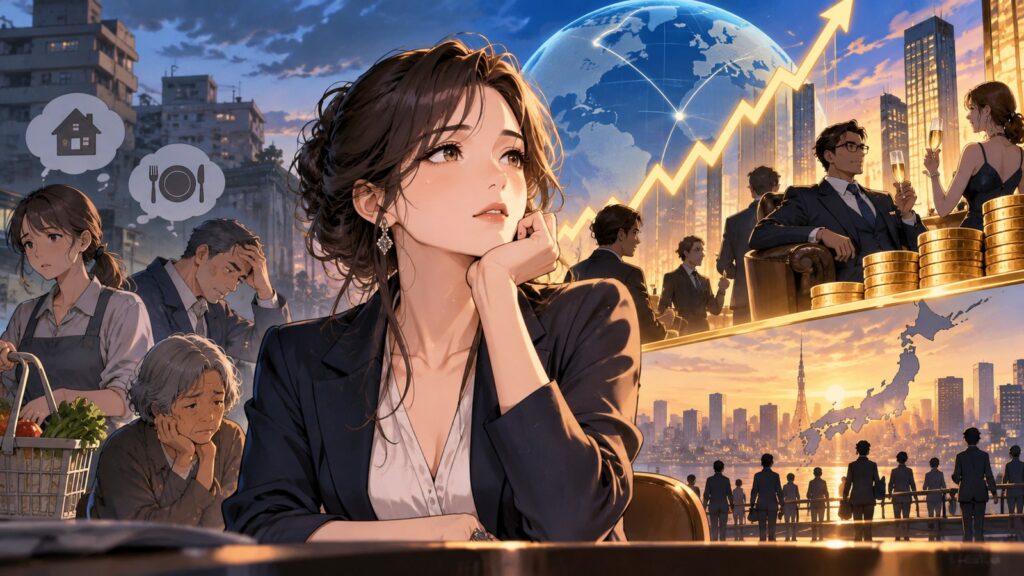「株価が上がっても「儲かる人は限られている」構造のままでは、一般国民の生活改善にはつながらず、景気実感は冷えた…」を題材にした架空の成人人物のアニメ風イラスト