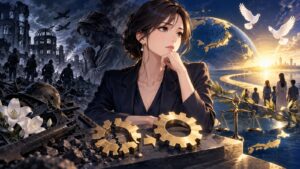 「反省は「謝ること」ではなく「仕組みを変えること」であり、そうして初めて「戦争をしなくても済む」状態を作れます…」を題材にした架空の成人人物のアニメ風イラスト
