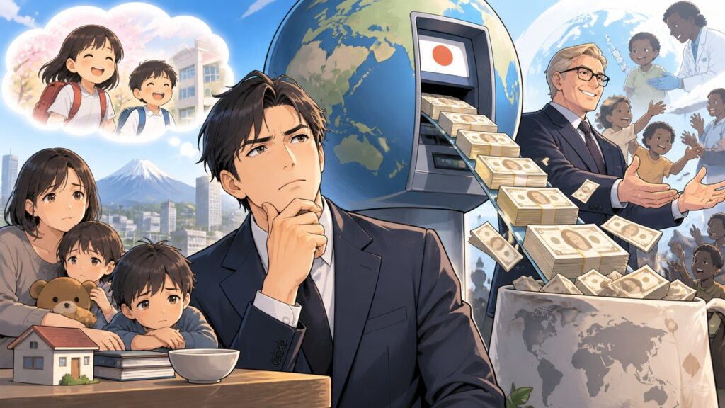 「外貨準備とか言ってるけど、それを自分達の手元に移動するための仕組みでないかと最近思うようになりました」を題材にした架空の成人人物のアニメ風イラスト