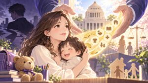 「養育費は「親の権利争い」以前に「子どもの権利」ですから、『国が責任を持って徴収・管理する仕組み』 こそが本質…」を題材にした架空の成人人物のアニメ風イラスト