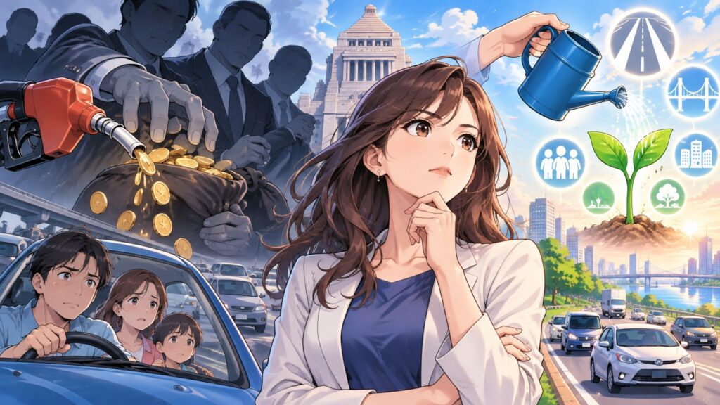 「財源は「国民から奪う」ものではなく、政治と行政が「増やす努力をする」もの」を題材にした架空の成人人物のアニメ風イラスト