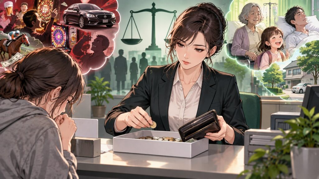 「国に救済を求めているのだから、申請者は金銭・資産等を嘘偽りなく示す必要があるのは当たり前」を題材にした架空の成人人物のアニメ風イラスト