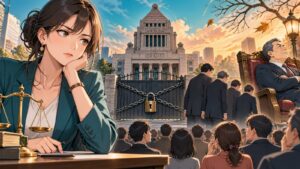 「国会を開けない総理なんて、国会主義・議会制民主主義の根本を否定しているのと同じ」を題材にした架空の成人人物のアニメ風イラスト