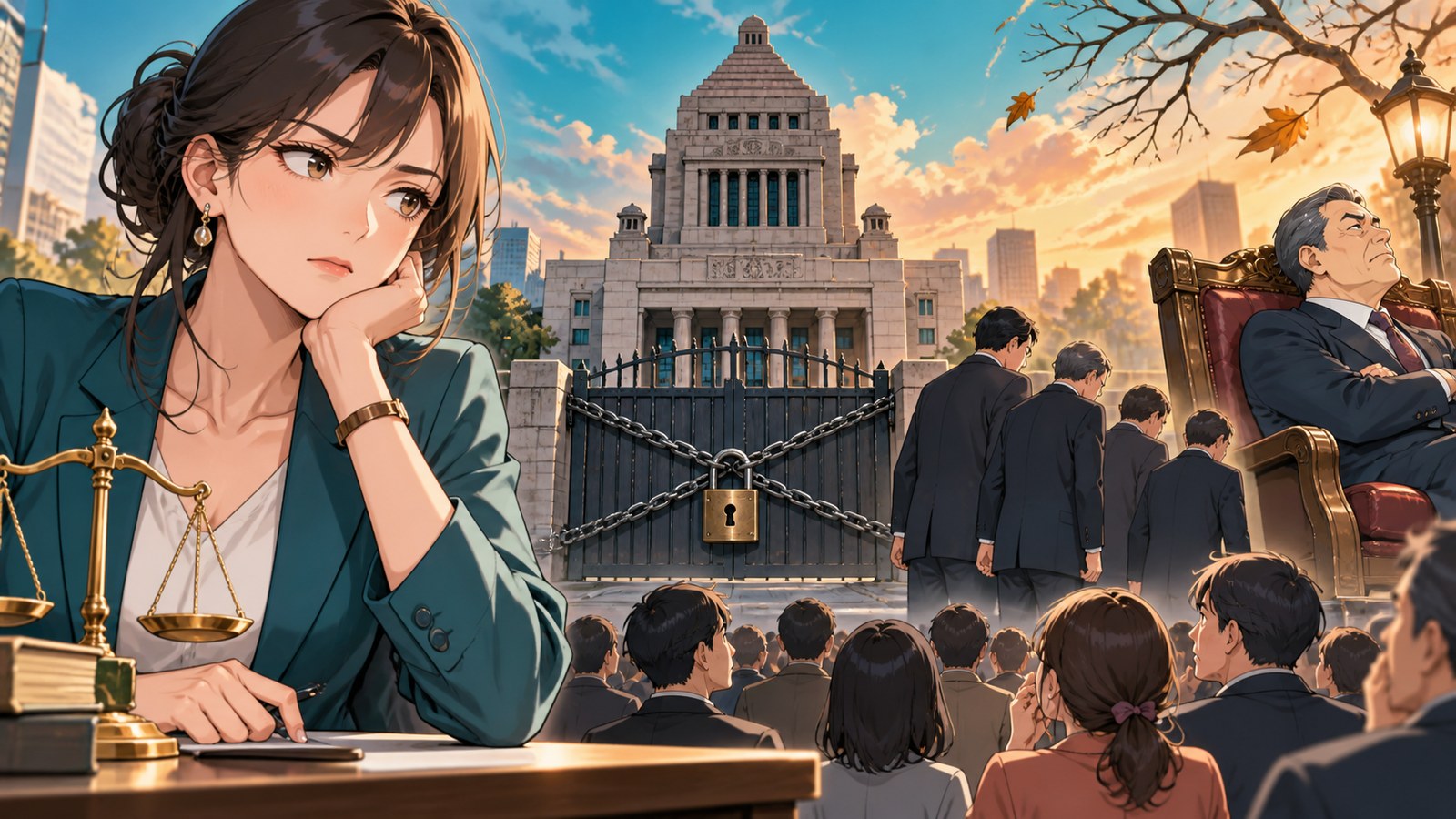 「国会を開けない総理なんて、国会主義・議会制民主主義の根本を否定しているのと同じ」を題材にした架空の成人人物のアニメ風イラスト