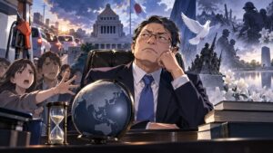 「頼むから残りの任期は大人しくしておいてくれ」を題材にした架空の成人人物のアニメ風イラスト