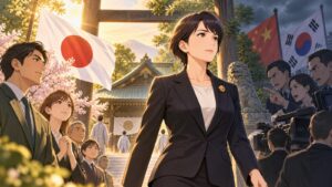 「総理になっても、隣国やマスコミの批判にも関わらず、堂々と靖国神社を参拝できるのは高市さんだけだと思う」を題材にした架空の成人人物のアニメ風イラスト