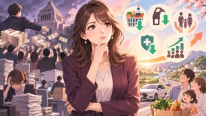 「減税や負担軽減は「持続的な生活改善」と言えます」を題材にした架空の成人人物のアニメ風イラスト