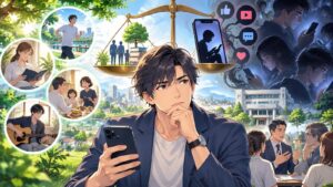 「「スマホ全体を敵にする」のではなく、「危険な使い方」をどう減らすか」」を題材にした架空の成人人物のアニメ風イラスト
