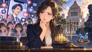 「人気だけでは政治家、ましてや総理大臣は務まらないと思います」を題材にした架空の成人人物のアニメ風イラスト