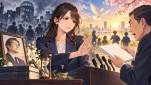 「石破という人が何を偉そうに国民の代表を気取って談話など出す必要があるのかと」を題材にした架空の成人人物のアニメ風イラスト