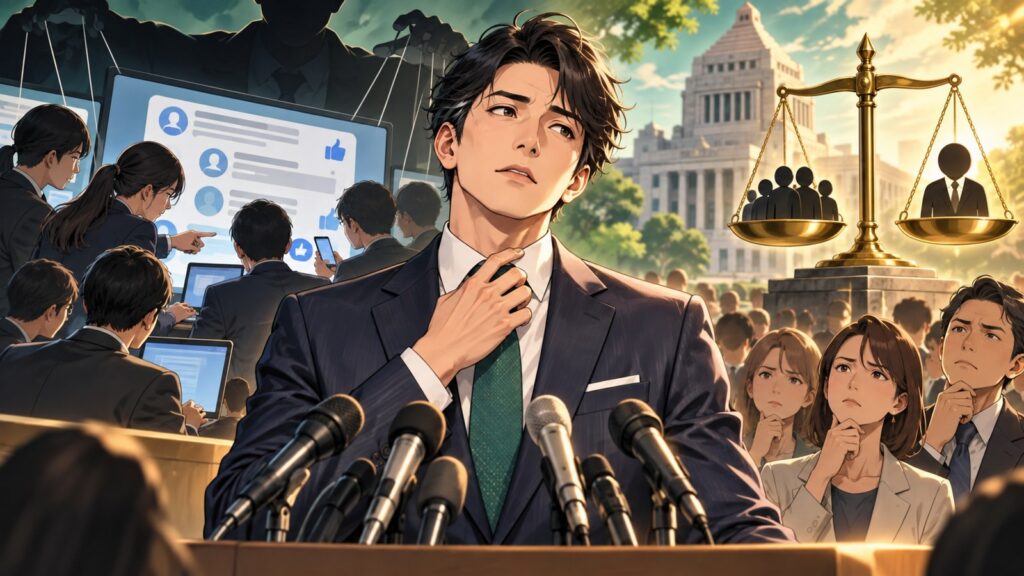 「つまり今回の件は、単なる一陣営の不手際ではなく、「この人物がトップに立った時の説明責任の取り方」を先取りして…」を題材にした架空の成人人物のアニメ風イラスト